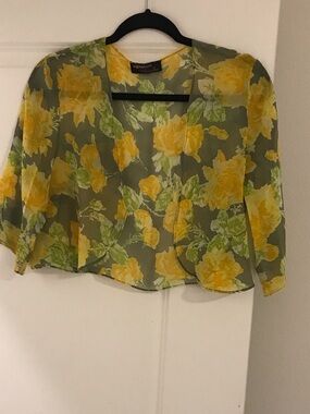 Signature by Robbie Bee Olive Sheer Floral Open Cardigan with Yellow Roses